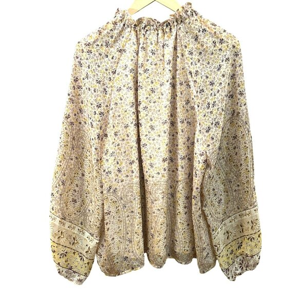 Ann Taylor Women's Microfloral Gold Print Long Sleeve Blouse XL Smocked Neck - Picture 5 of 7